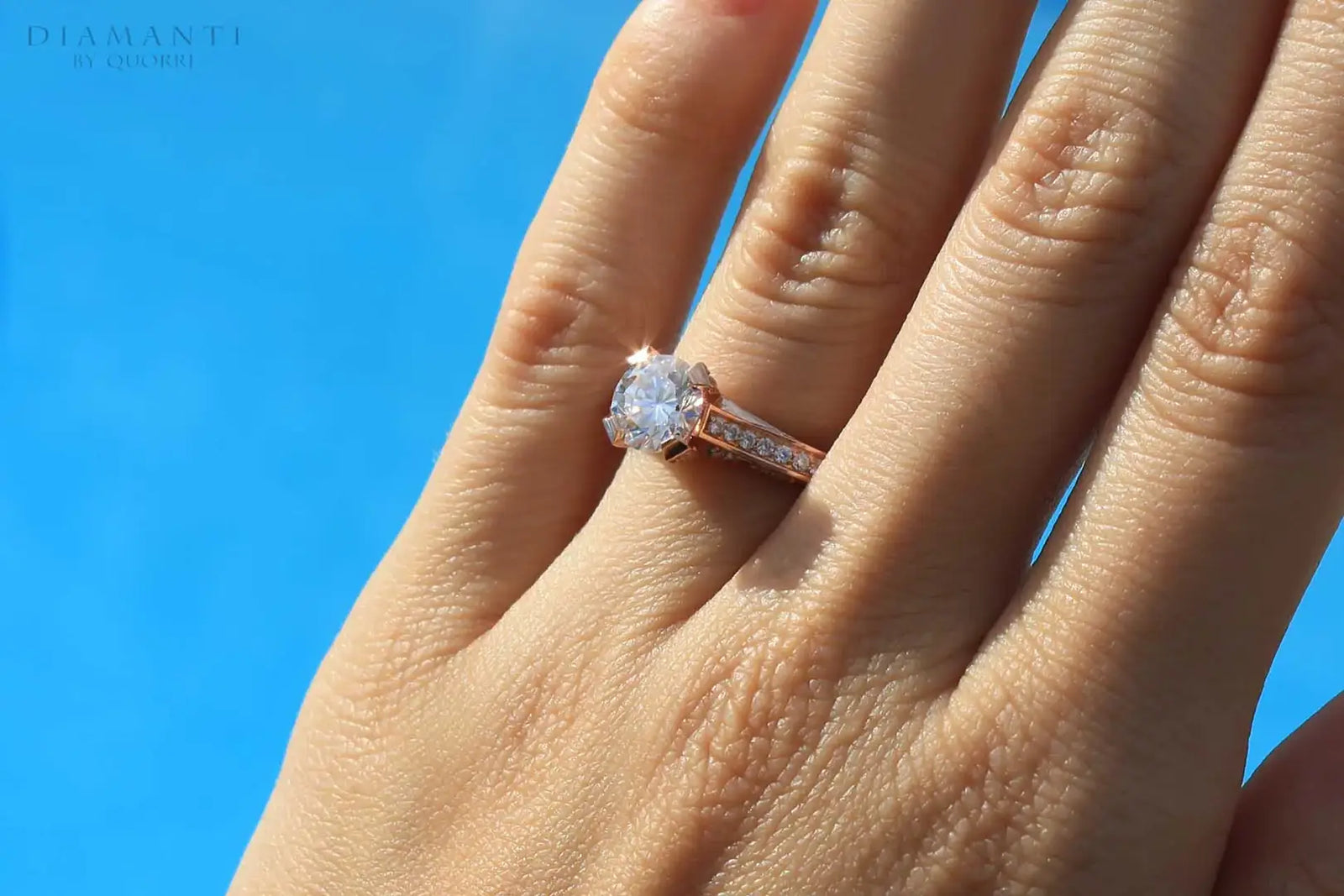 rose gold hand scrolled accented round lab created diamond engagement ring Quorri