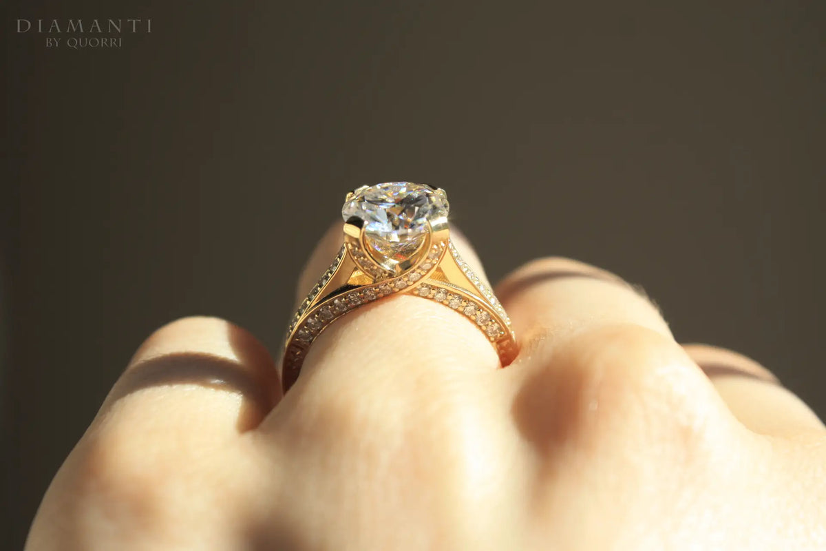 14k rose gold hand scrolled accented 2 carat round lab diamond engagement ring