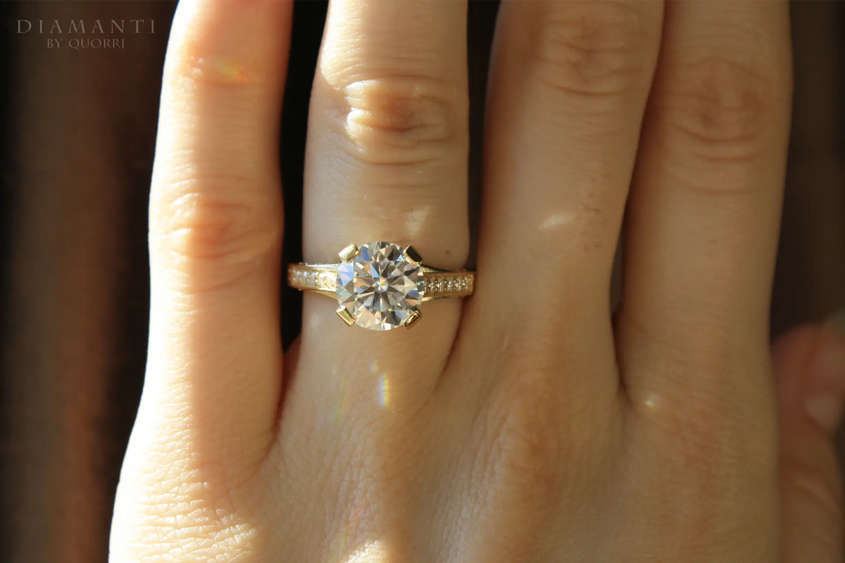 18k yellow gold hand scrolled accented 2.5 carat round lab created diamond engagement ring