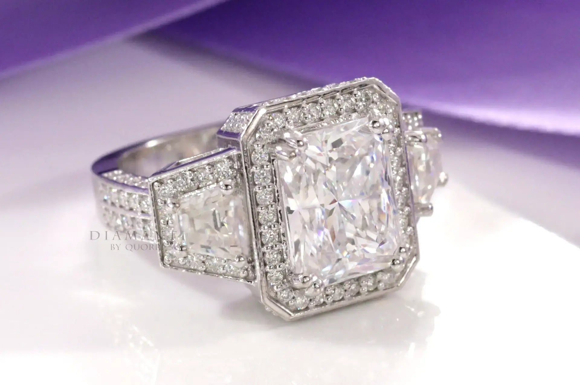 platinum dual claw 4carat radiant halo 3 stone lab diamond anniversary ring
