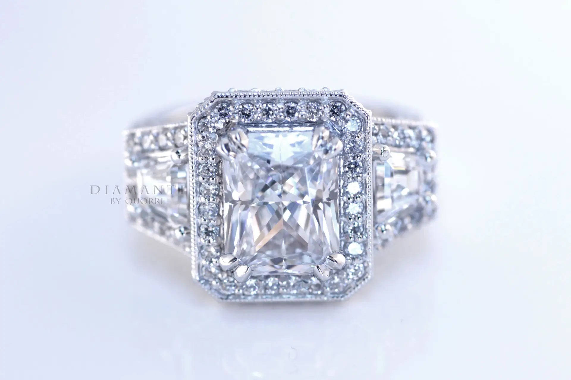 dual claw radiant halo 3 stone lab diamond engagement ring