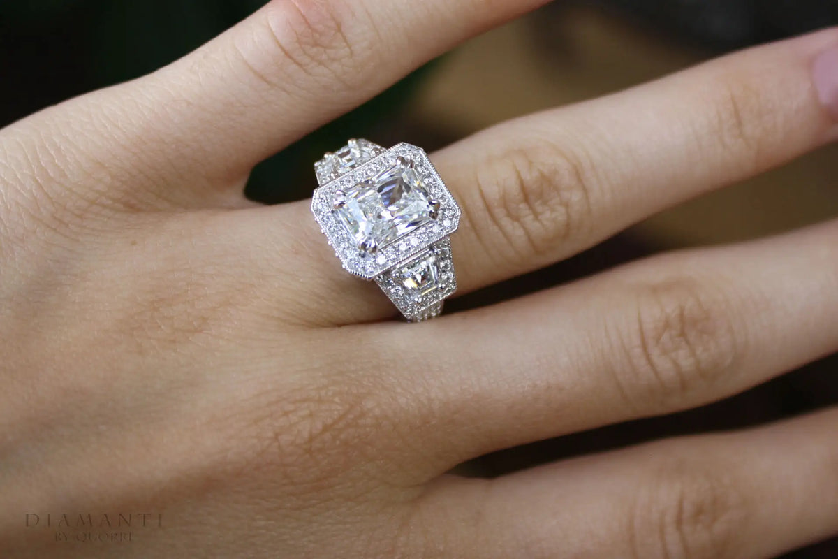 affordable dual claw 14k white radiant halo 3 stone lab diamond engagement ring