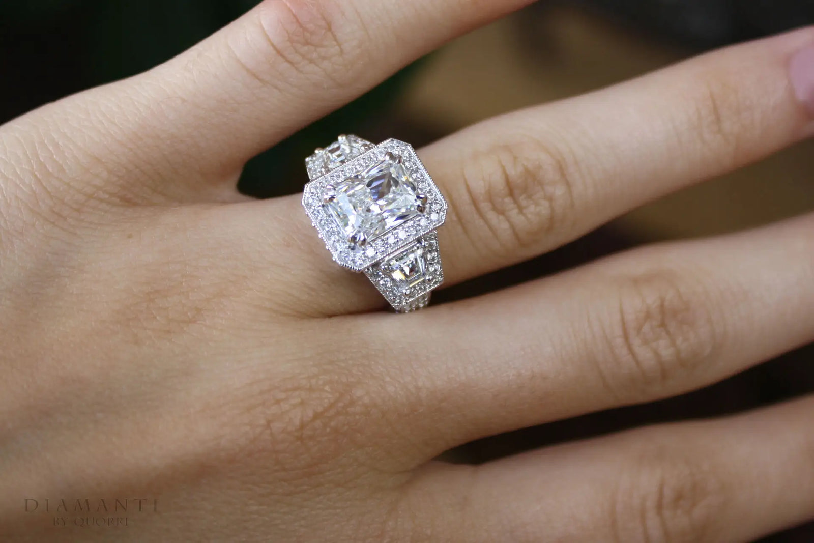 affordable dual claw 14k white radiant halo 3 stone lab diamond engagement ring