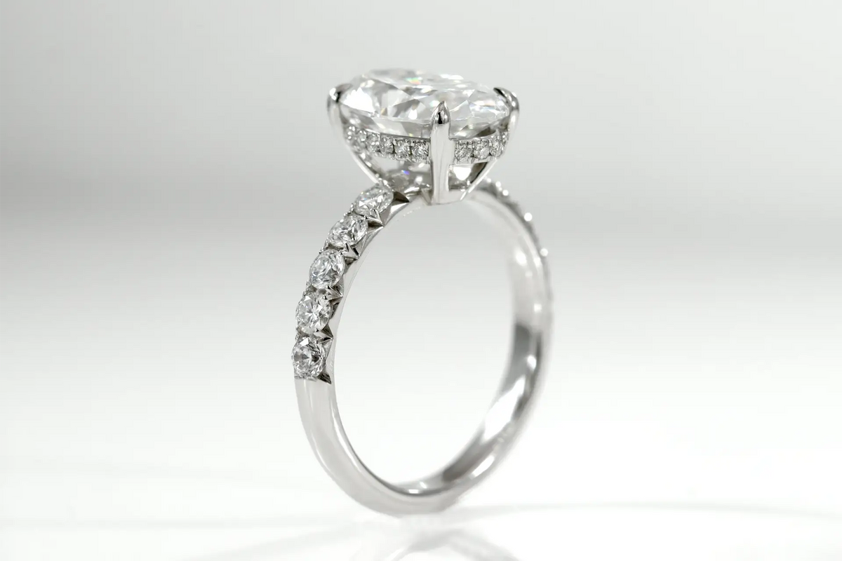 designer  3 carat claw prong oval lab diamond hidden-halo platinum engagement ring Quorri