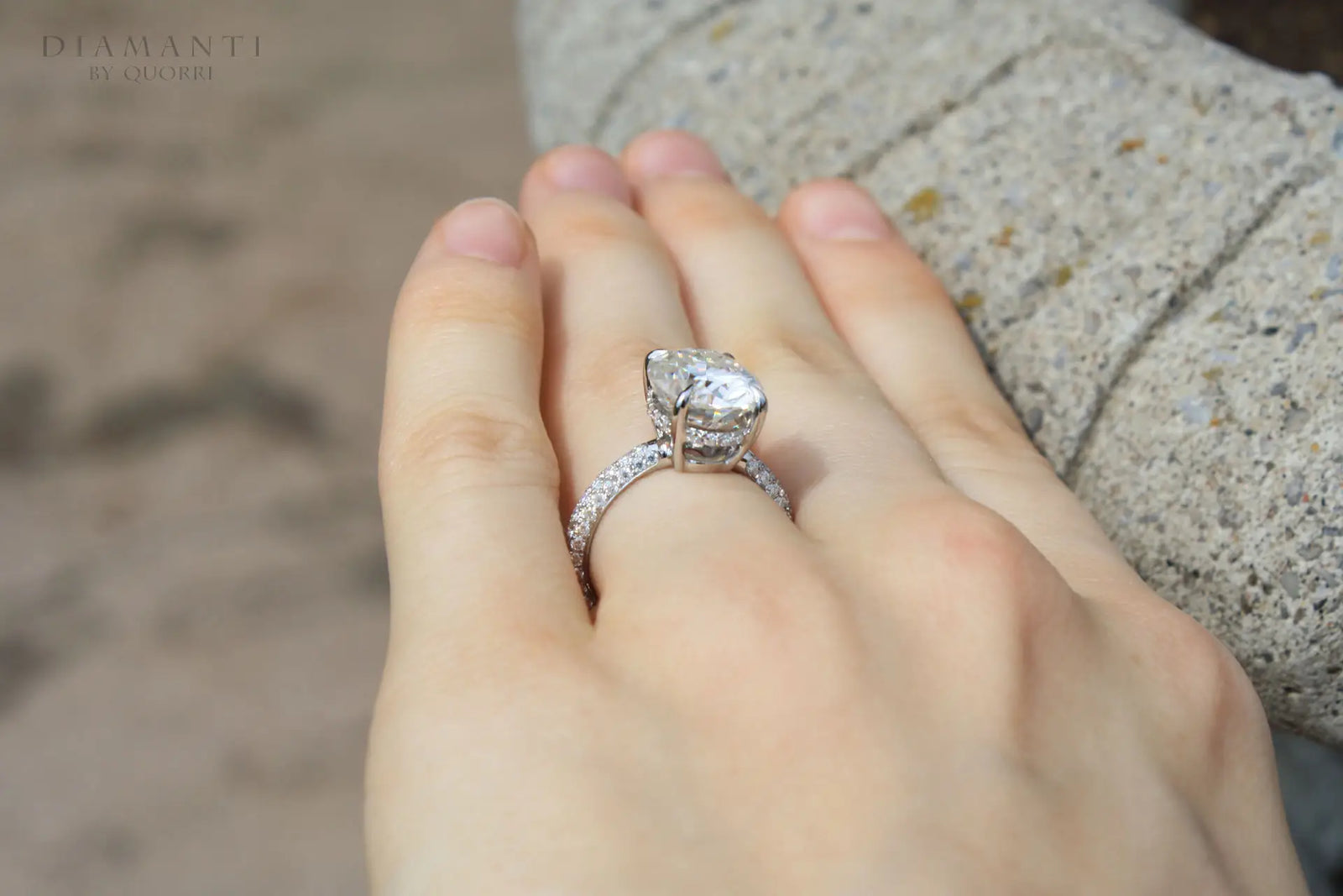 18k yellow gold 3 carat oval lab created diamond claw prong hidden-halo three sided band engagement ring Quorri