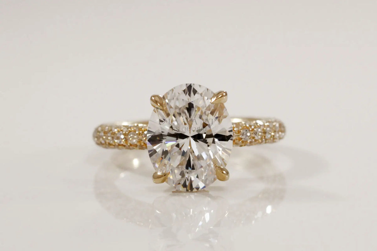 18k yellow gold 3 carat oval lab diamond claw prong three sided band engagement ring Quorri