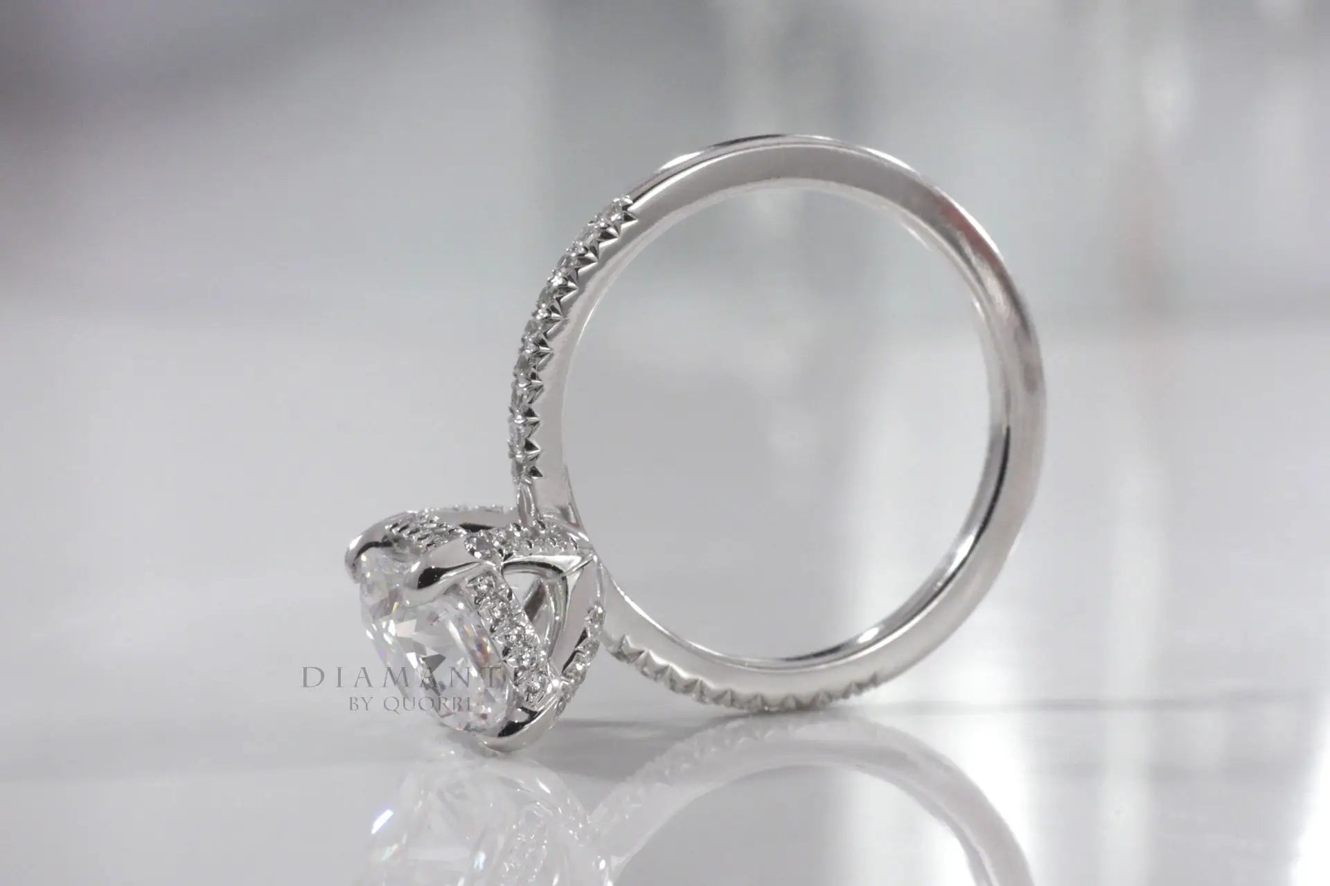 four claw prong fully accented 2 carat oval lab diamond engagement ring Quorri
