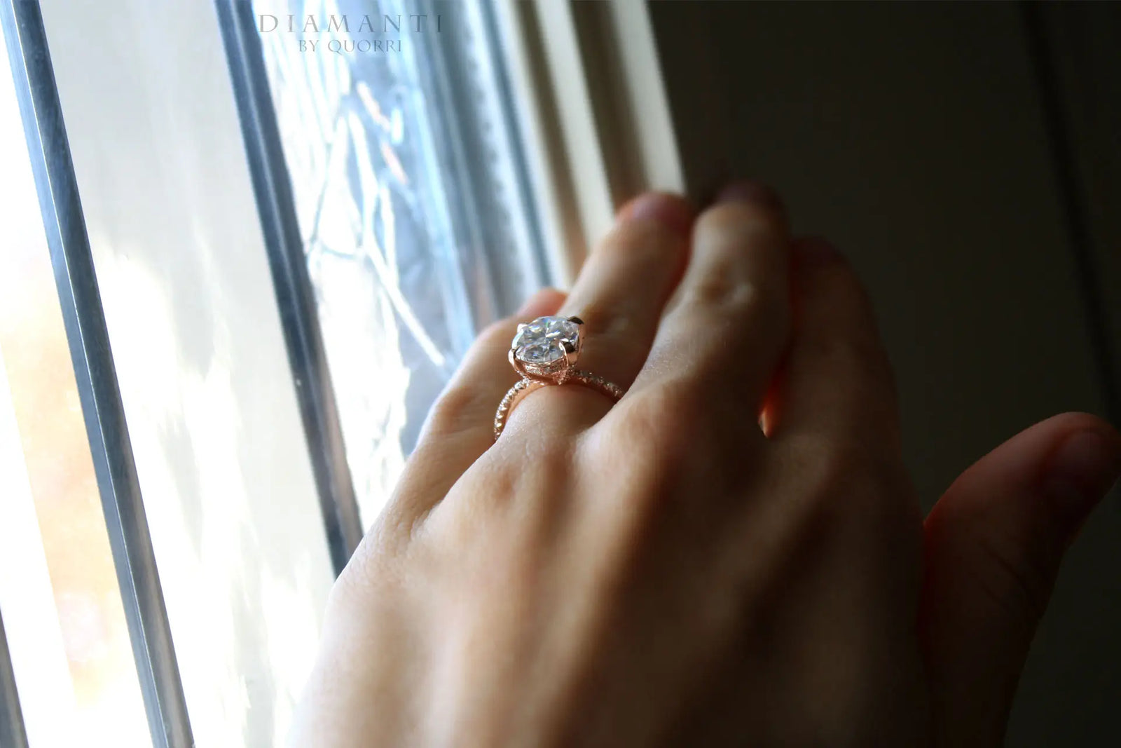 18k yellow and rose gold claw prong accented 2.5 carat oval lab diamond engagement ring Quorri