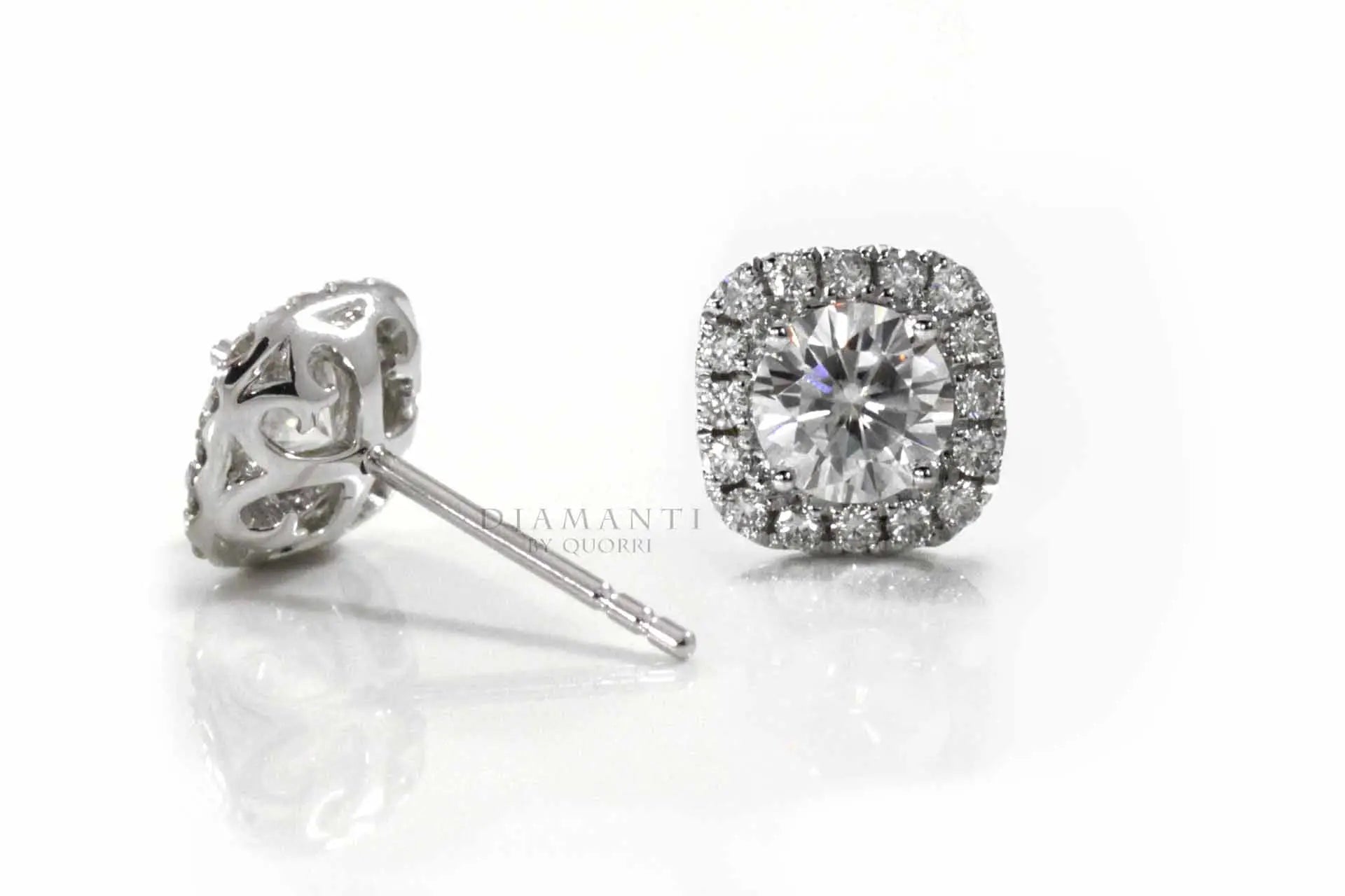 white gold designer cushion halo lab diamond stud earrings Quorri