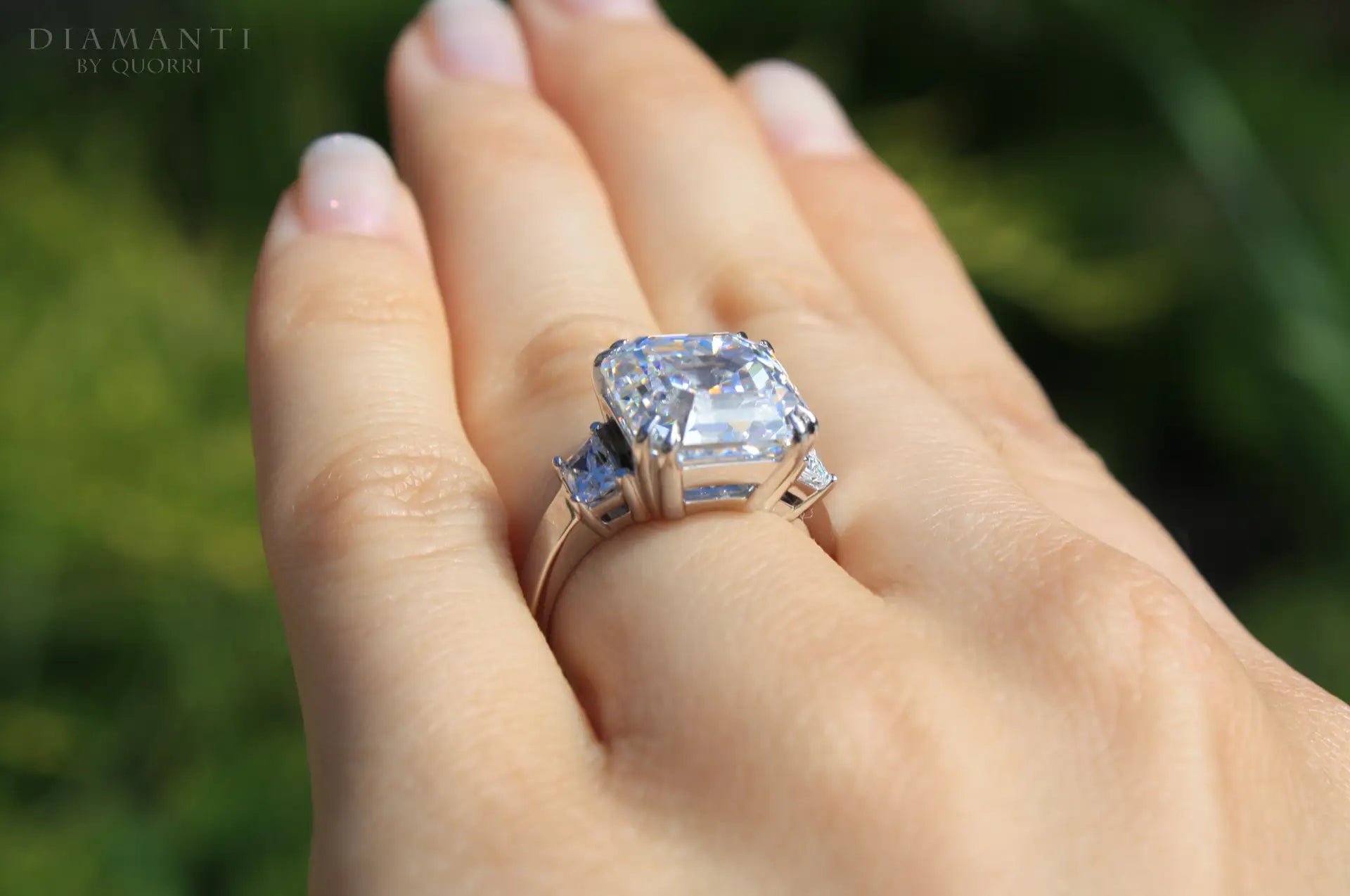 14k white gold 5 carat dual claw three stone Asscher lab diamond engagement ring Quorri