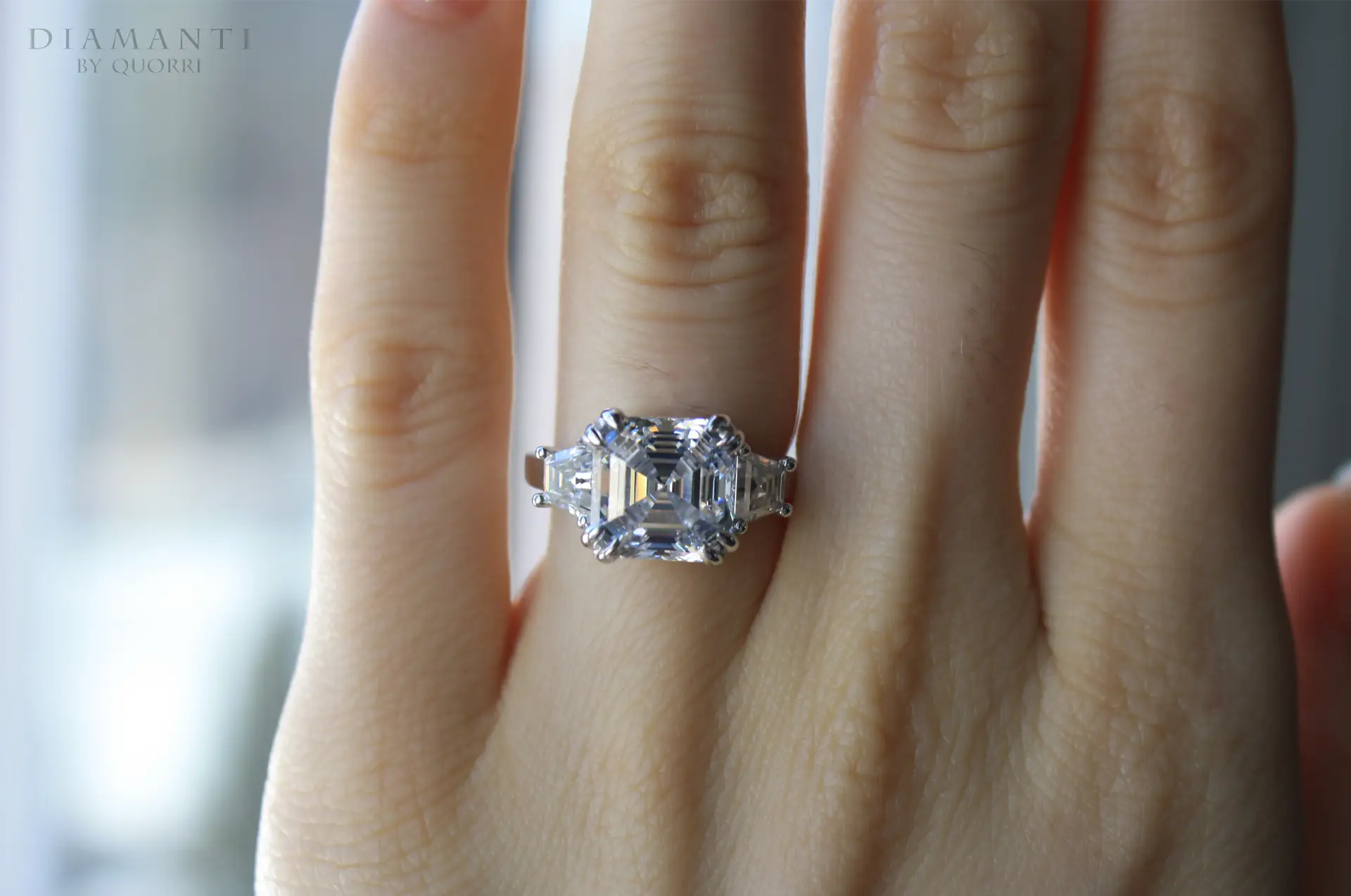 18k white gold dual claw three stone 4 carat Asscher lab grown diamond engagement ring Quorri