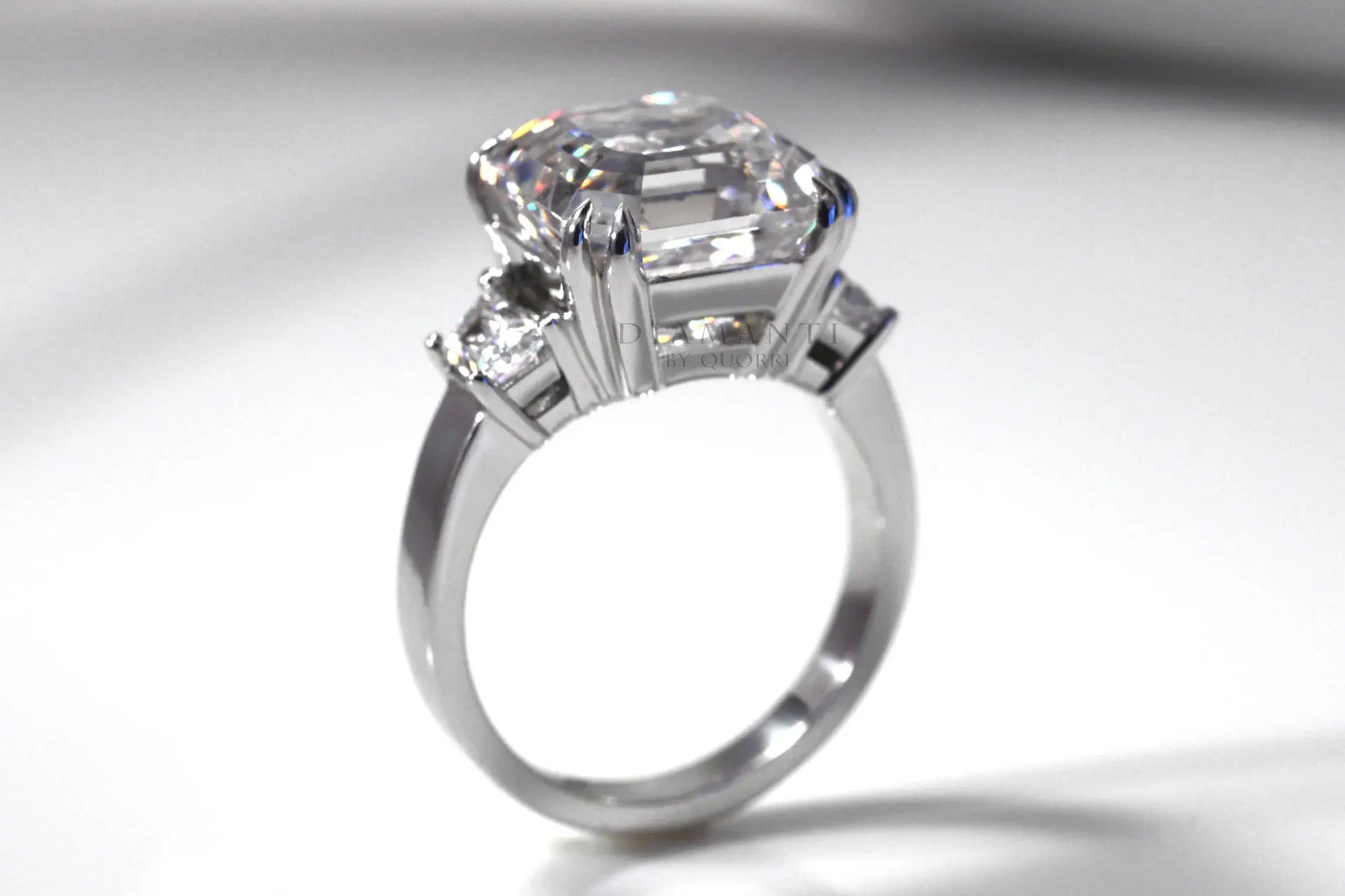 affordable dual claw three stone 4 carat Asscher lab grown diamond engagement ring Quorri