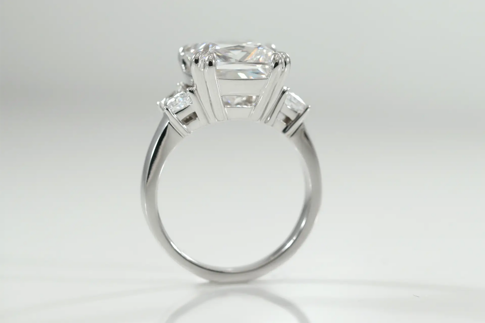 3 carat 18k white gold dual claw three stone Asscher lab diamond engagement ring Quorri