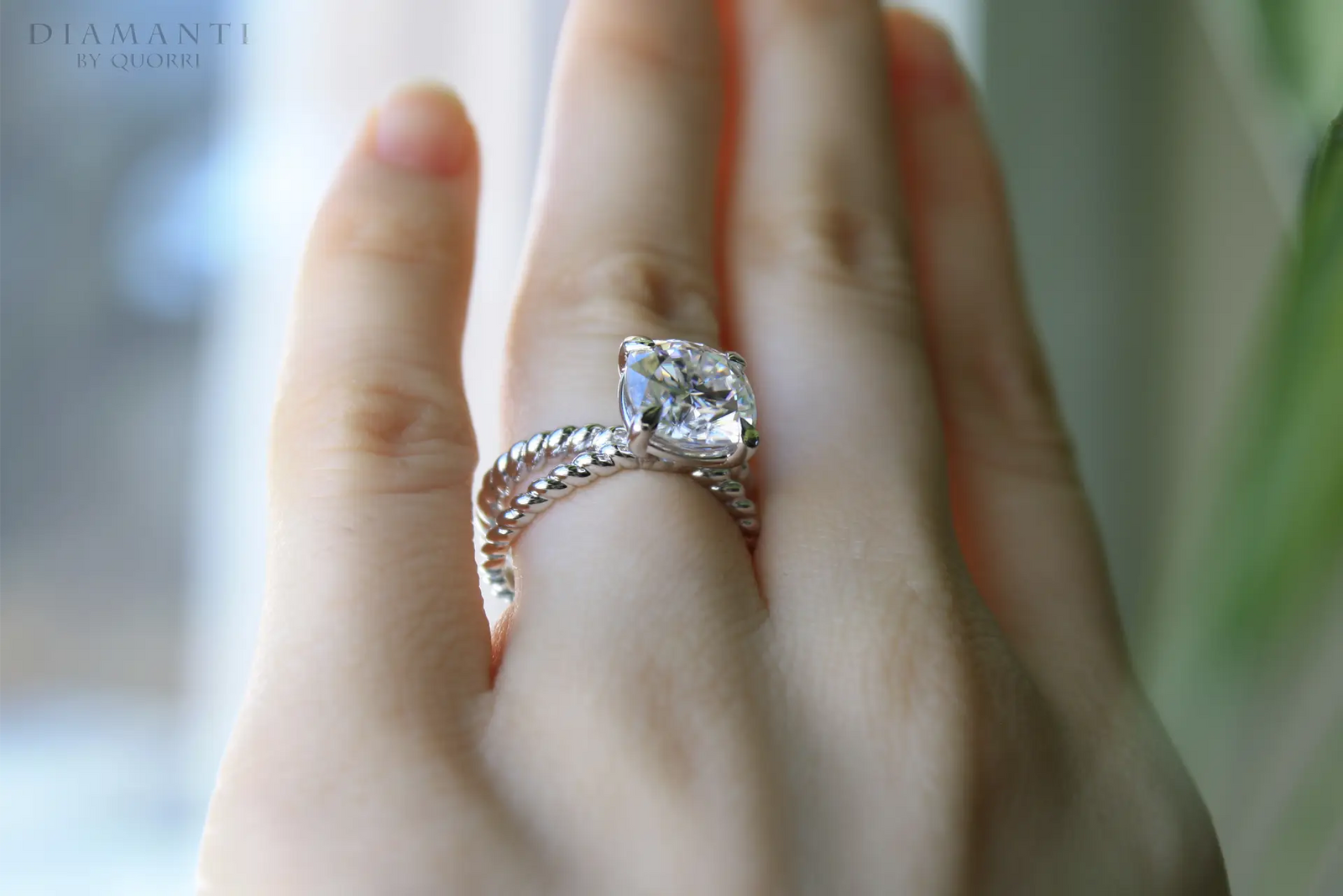 claw prong dual rope band platinum 2 carat cushion lab made diamond engagement ring Quorri