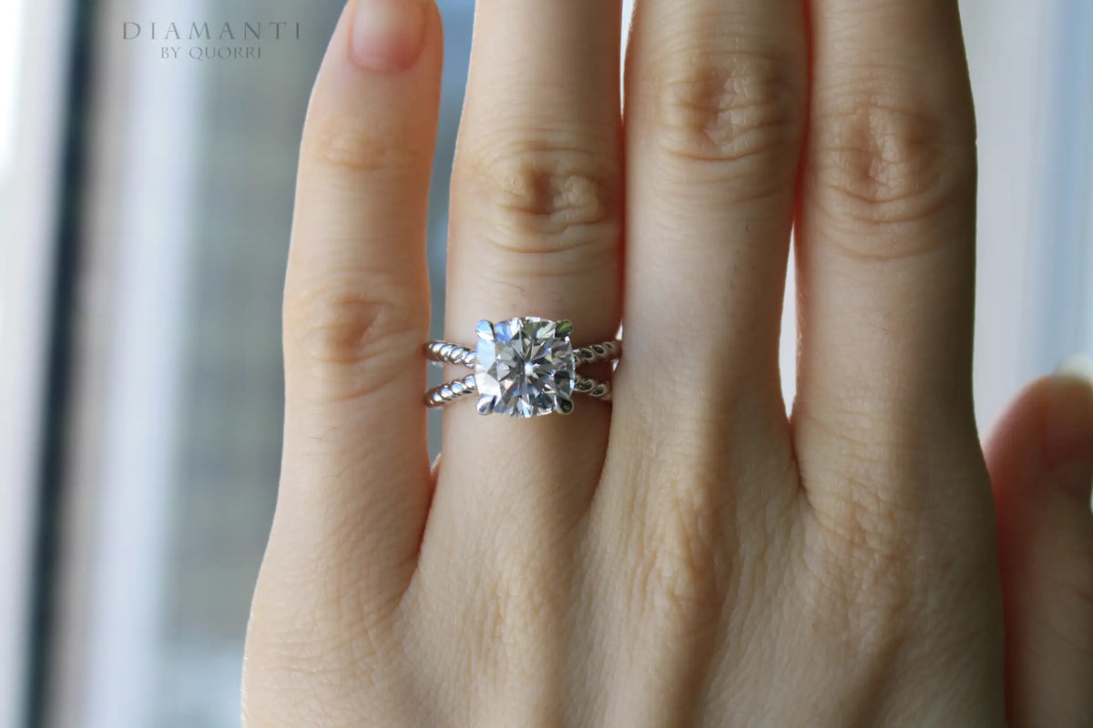 four claw prong dual rope band 14k white gold 2.25 carat cushion lab grown diamond engagement ring Quorri