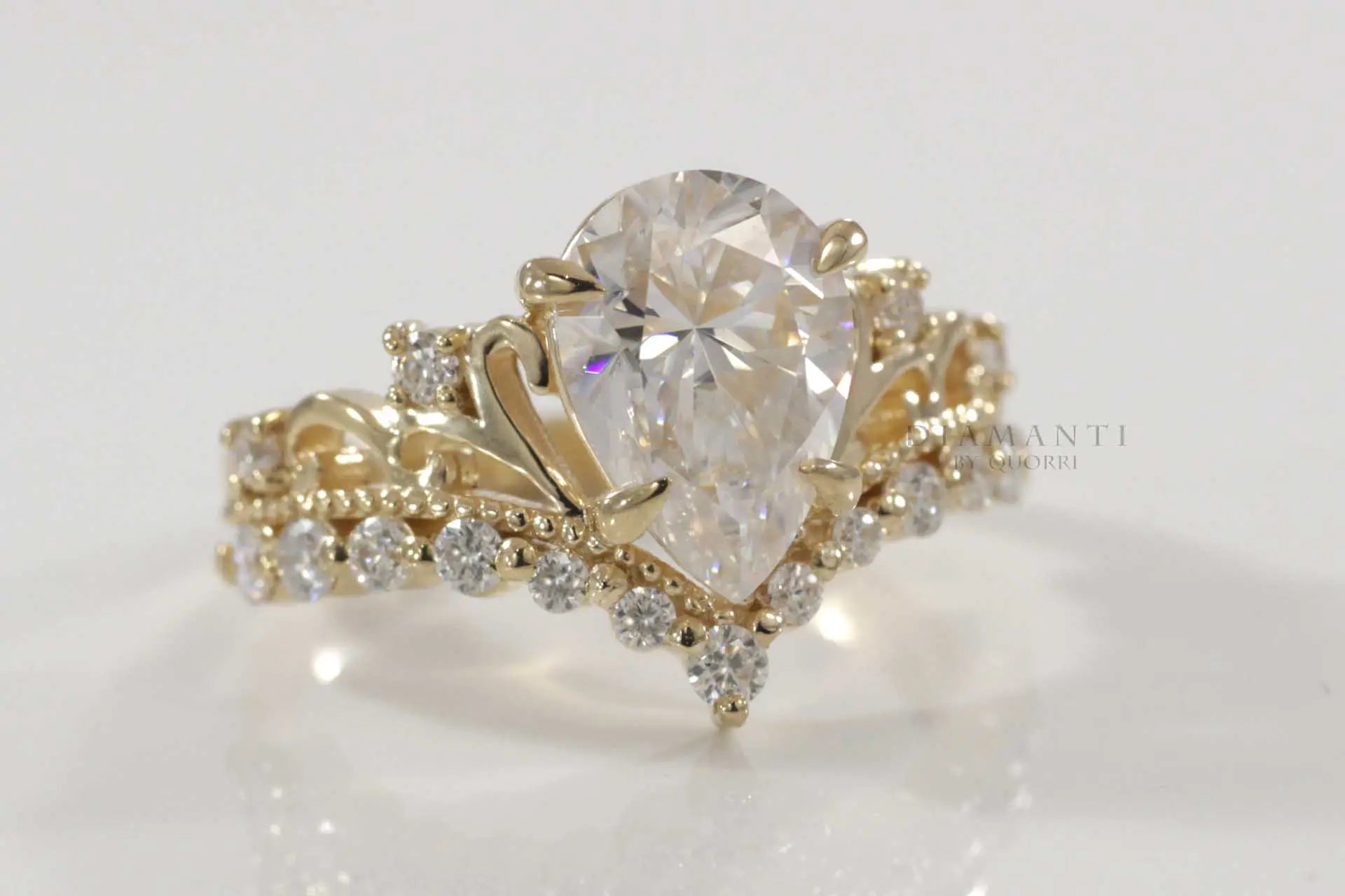 14k yellow gold designer vintage claw prong pear lab grown diamond engagement ring Quorri