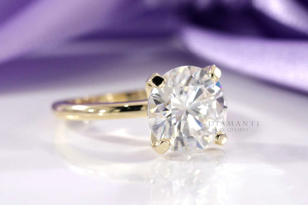 designer 4 prong 18k yellow gold round lab grown diamond engagement ring Quorri