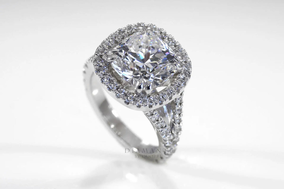 affordable accented dual claw 4.5ct cushion halo lab grown diamond engagement ring