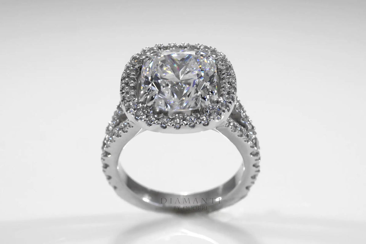 buy affordable accented dual claw cushion halo lab diamond engagement ring Quorri Canada