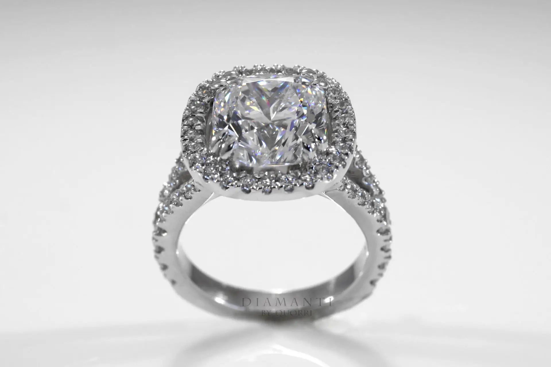 buy affordable accented dual claw cushion halo lab diamond engagement ring Quorri Canada