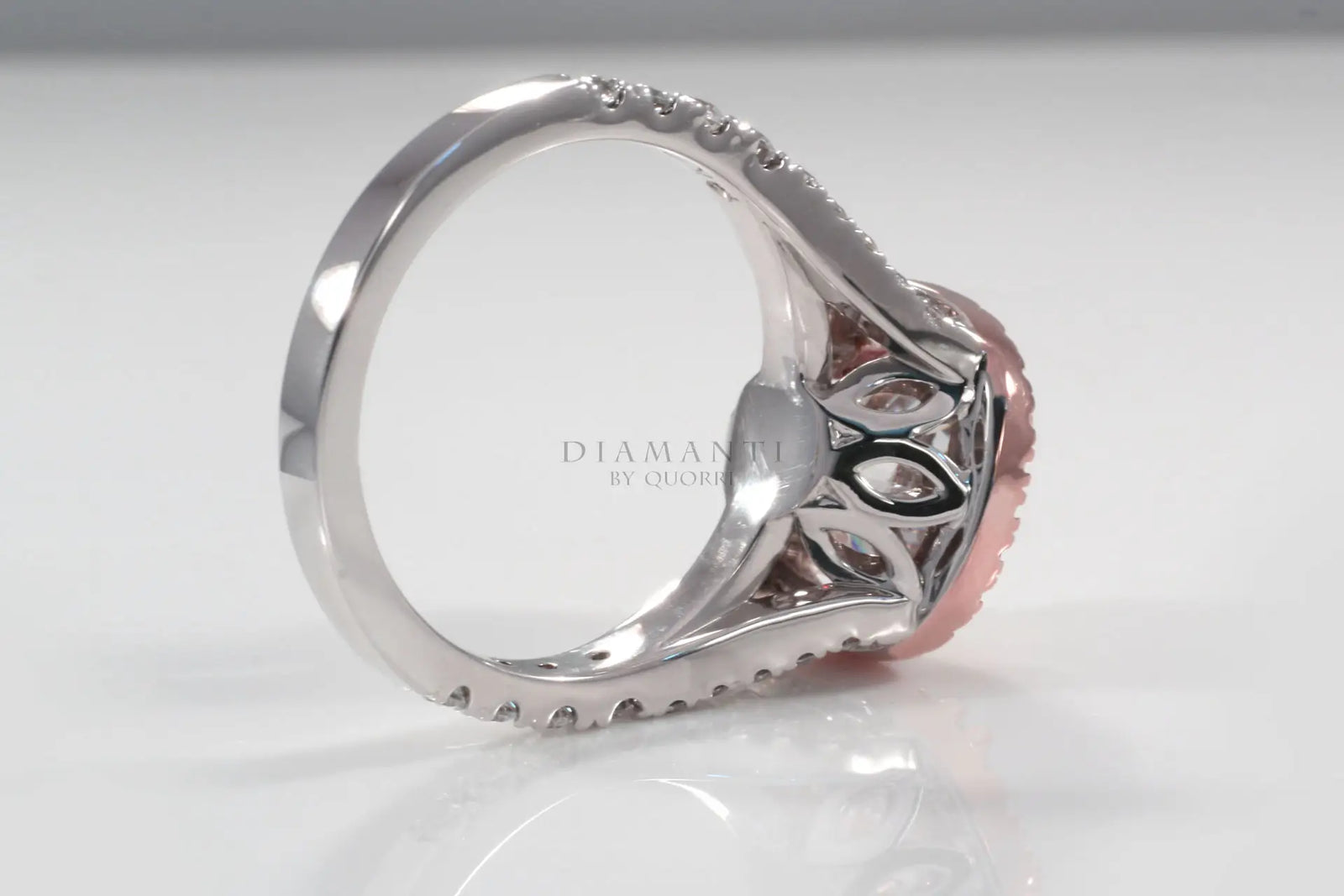 two tone white and rose gold affordable accented dual claw cushion halo lab diamond engagement ring