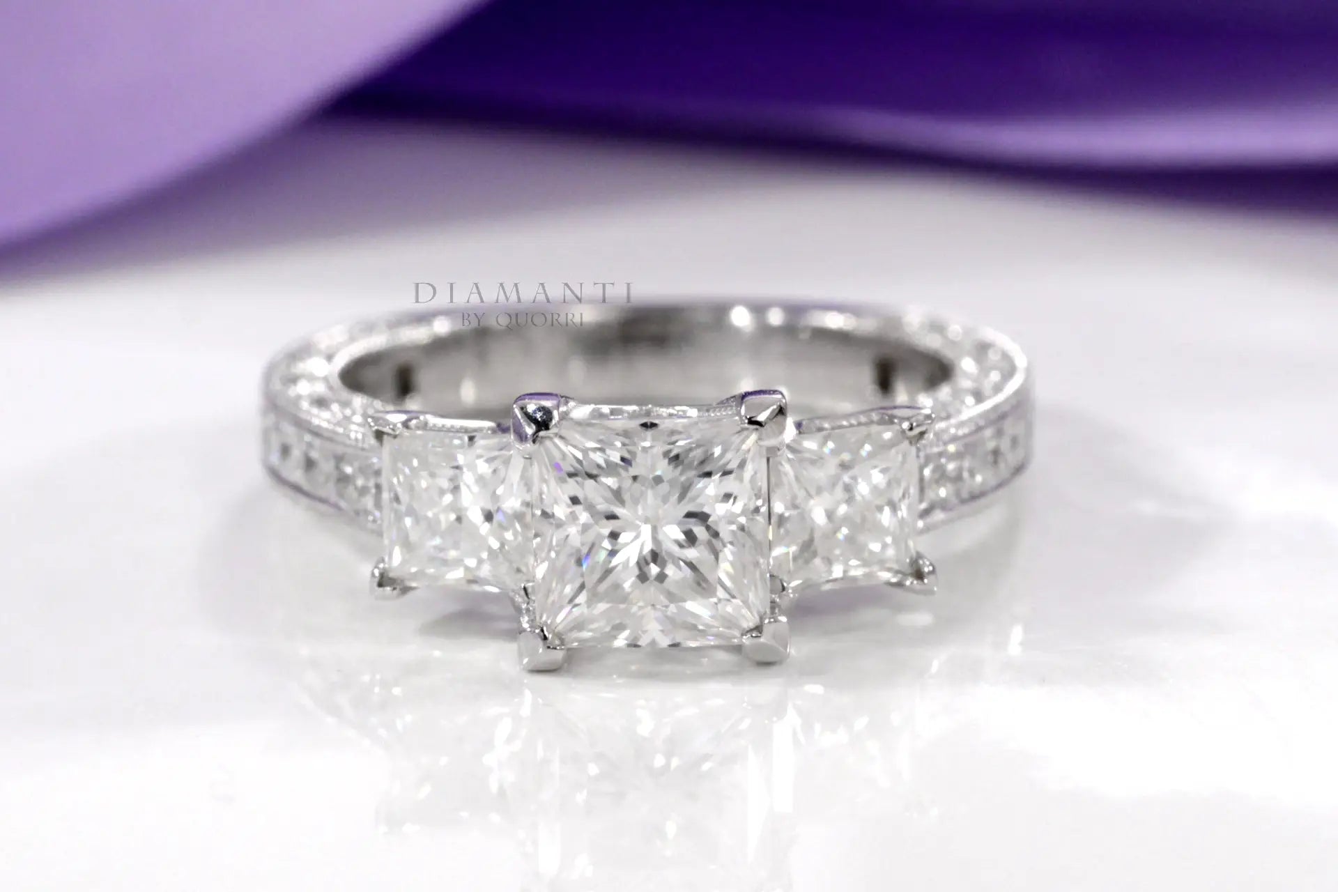 accented three stone princess lab diamond engagement ring Quorri