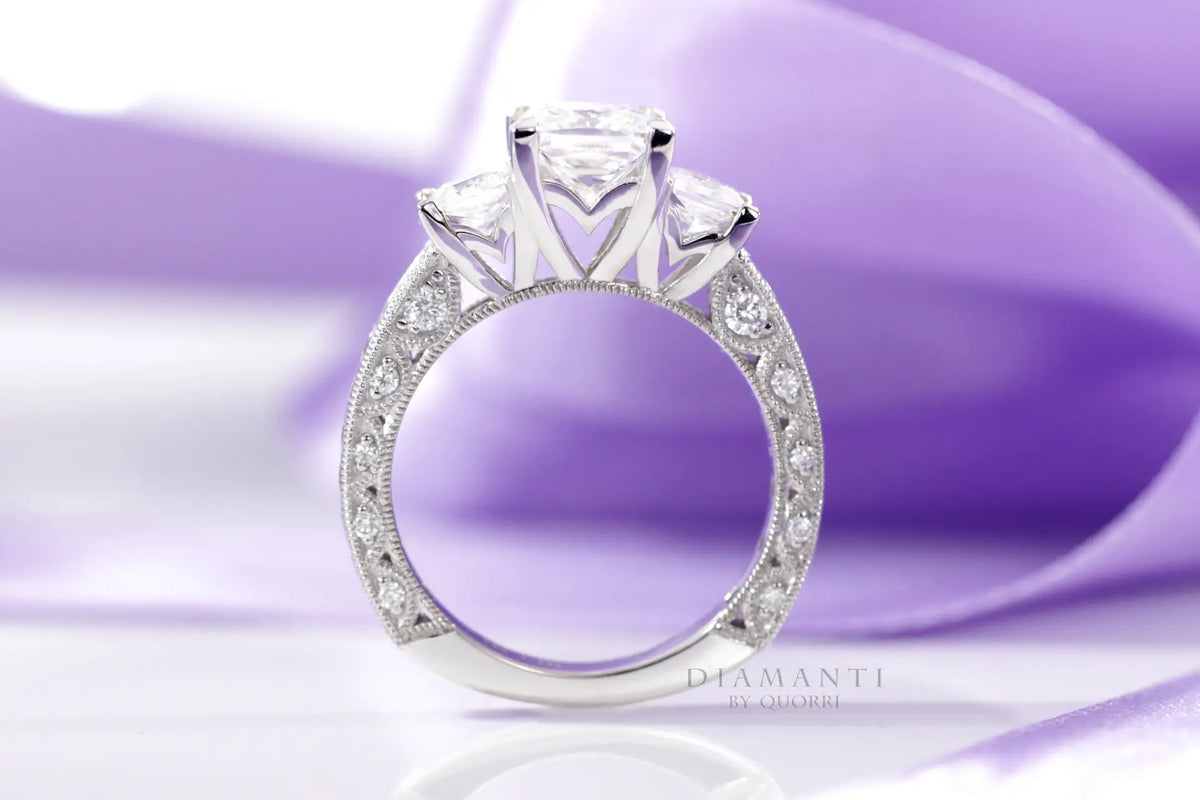 accented millgrain three stone 2 carat princess lab grown diamond engagement ring Quorri