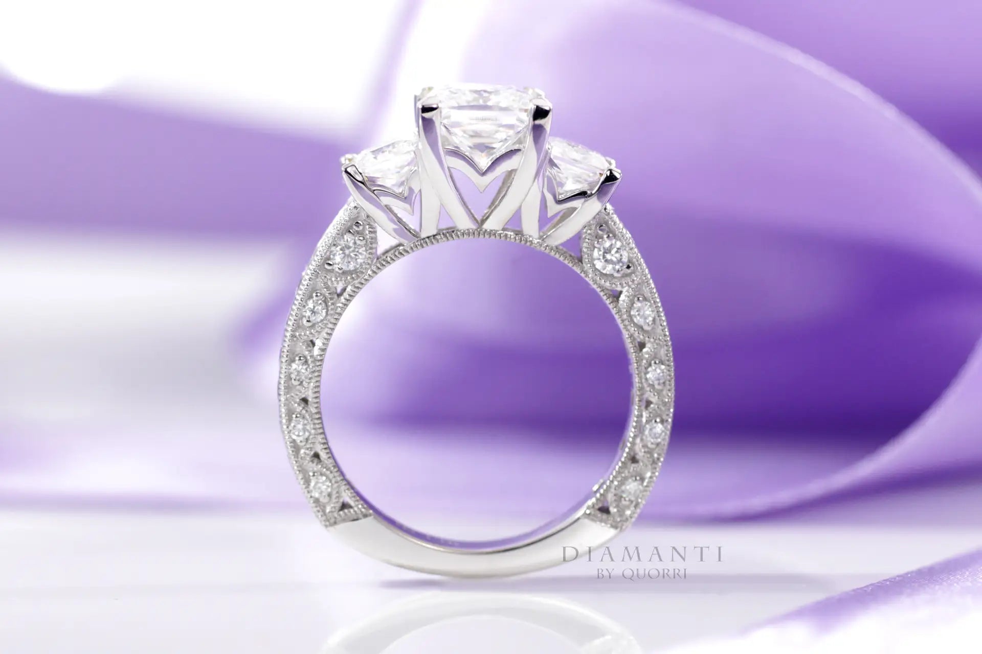 accented millgrain three stone 2 carat princess lab grown diamond engagement ring Quorri