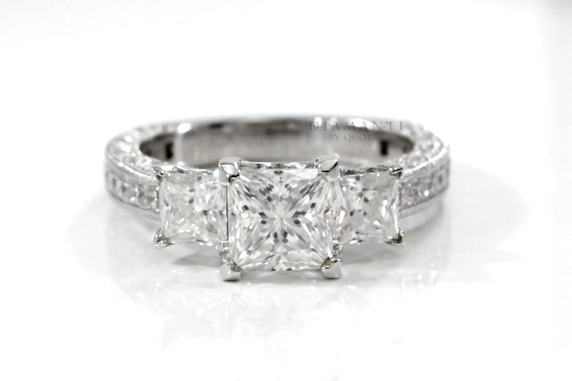 2 carat platinum vintage accented three stone princess lab diamond engagement ring Quorri