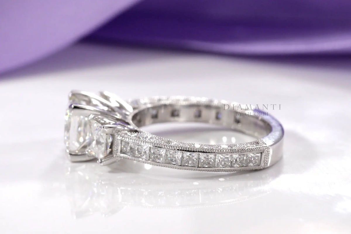 affordable vintage accented three stone 2 carat princess lab diamond engagement ring Quorri