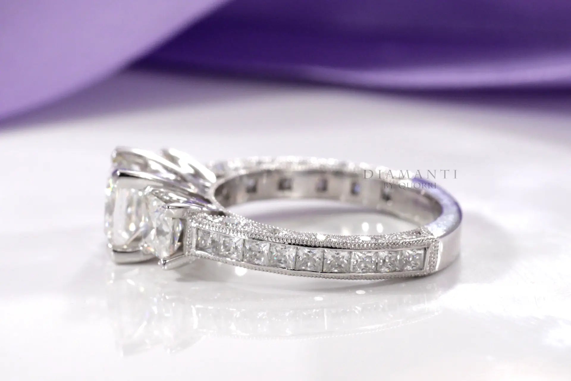 affordable vintage accented three stone 2 carat princess lab diamond engagement ring Quorri