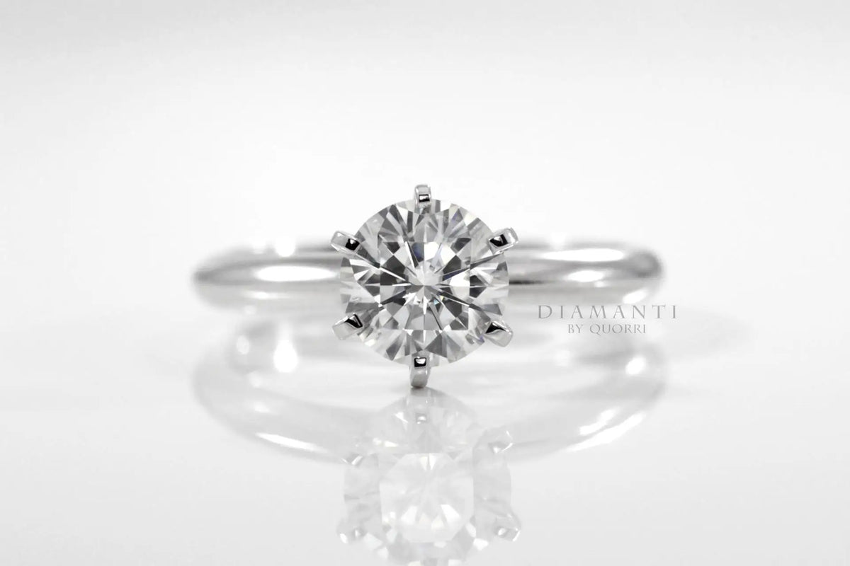 gold and platinum six prong tiffany inspired round lab diamond solitaire engagement ring