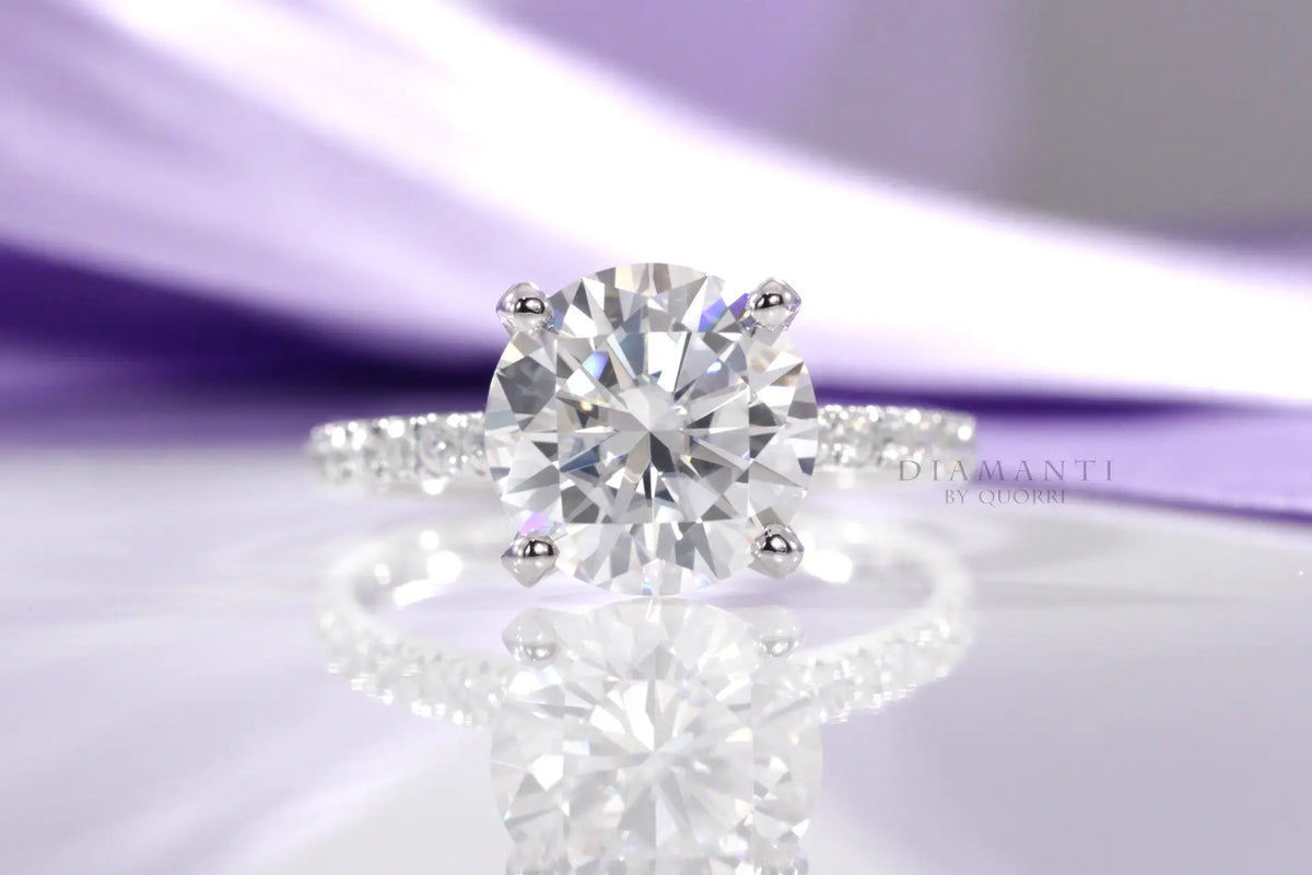 18k white gold 4 prong accented 2ct round lab grown diamond engagement ring