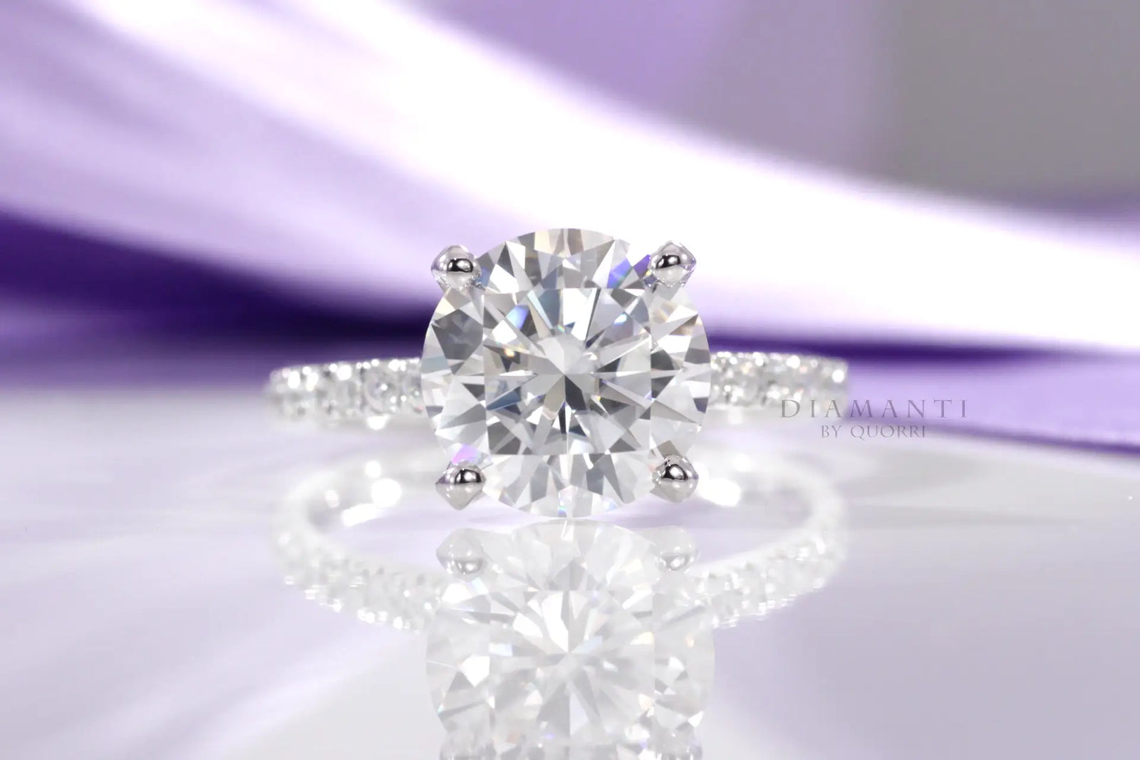 18k white gold 4 prong accented 2ct round lab grown diamond engagement ring