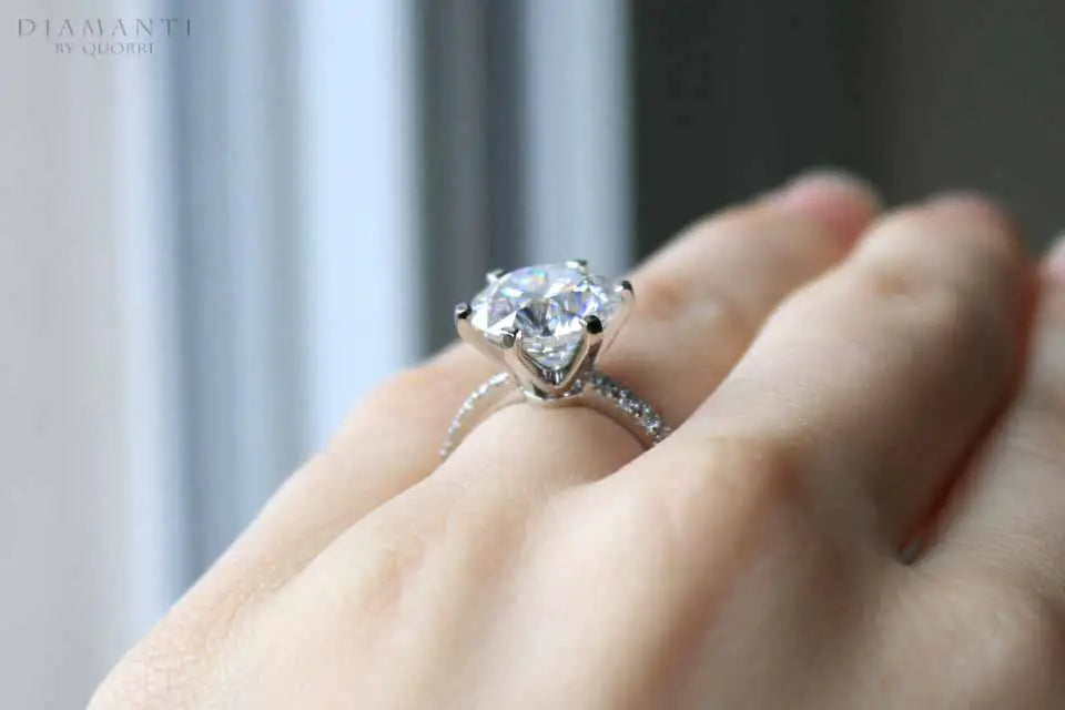 4 carat six prong accented 18k white gold round lab diamond engagement ring Quorri