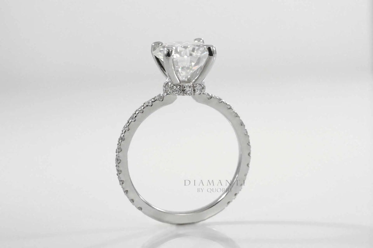 hidden halo four claw prong 2 carat round lab diamond accented engagement ring Quorri Canada