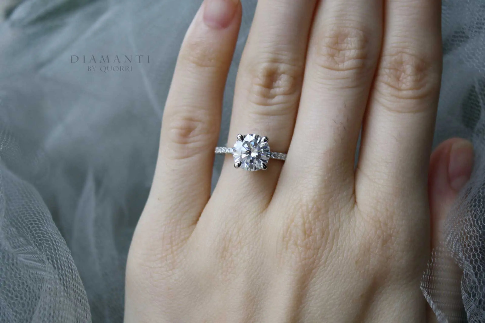 4 claw prong 2 carat round lab made diamond hidden halo accented engagement ring