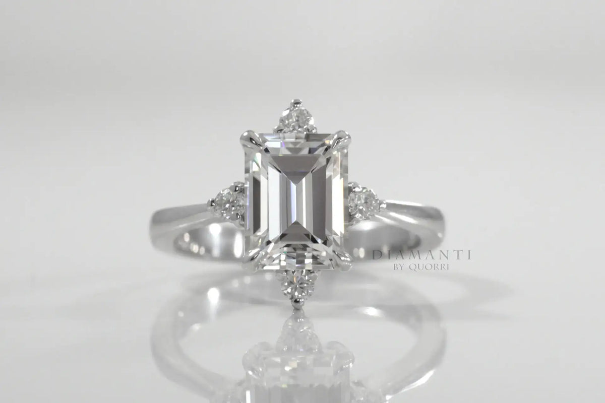 affordable platinum vintage halo 3.5 carat emerald cut lab diamond engagement ring Quorri Canada