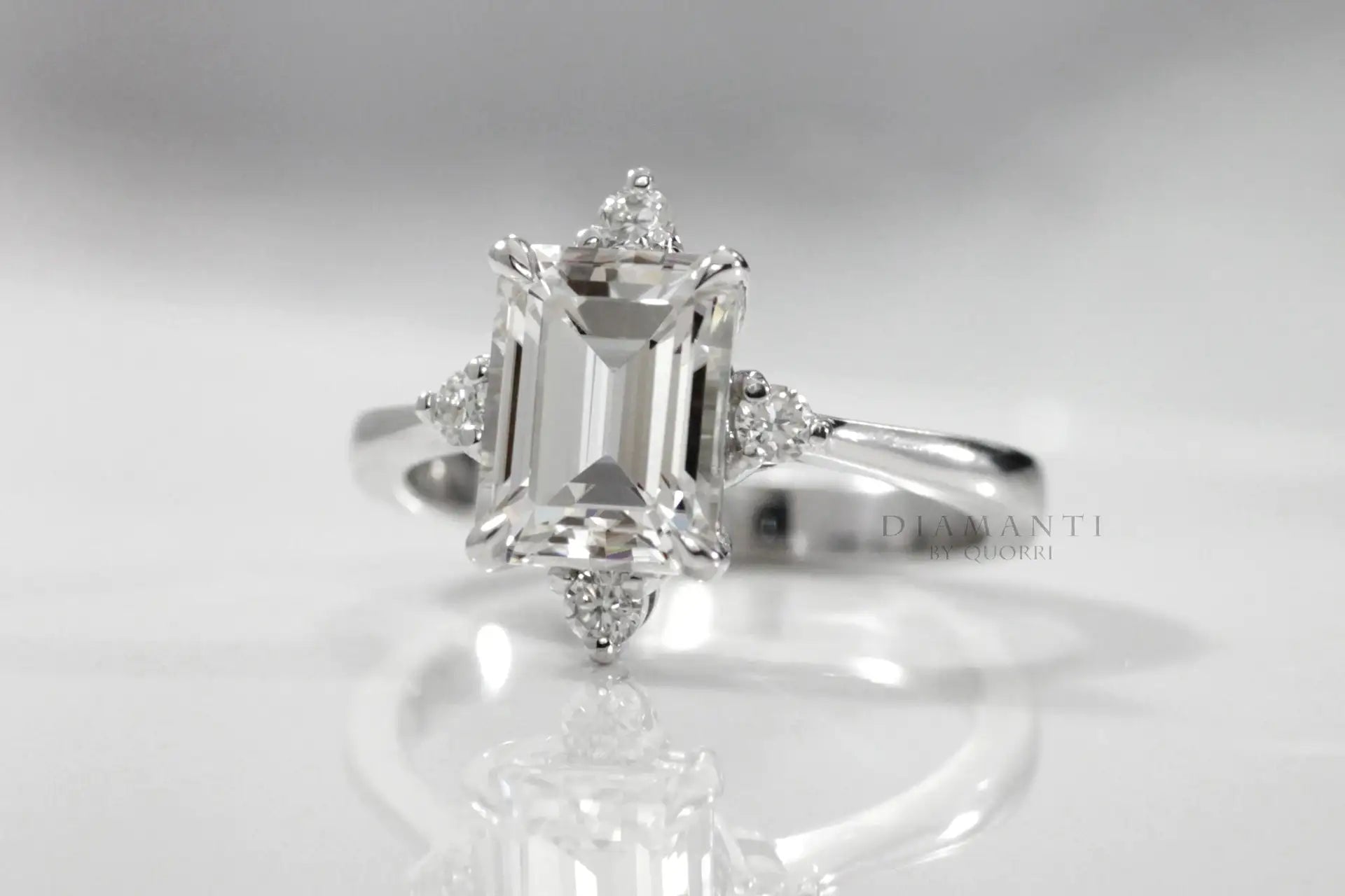 14k white gold vintage halo 2.5 carat emerald cut lab created diamond engagement ring Quorri Canada