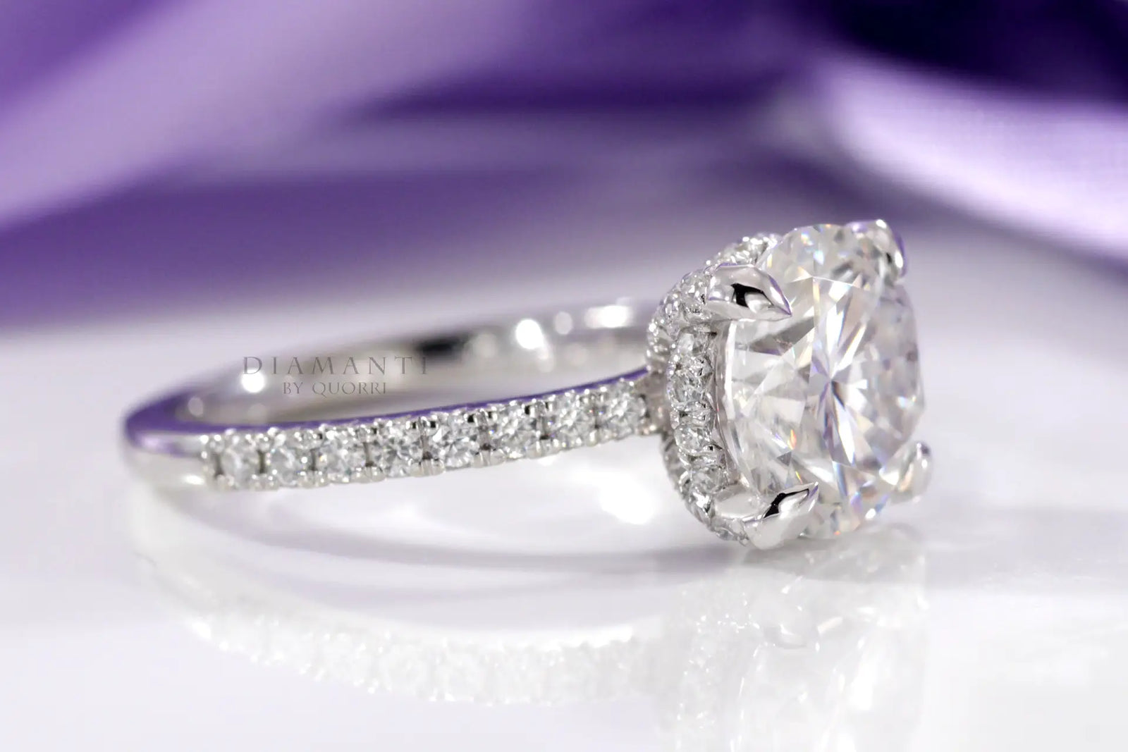 accented claw prong and under-halo round lab diamond engagement ring
