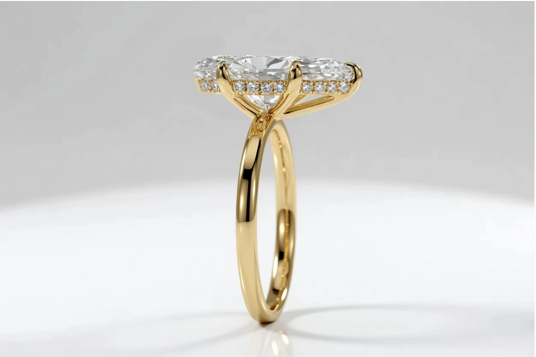Genesis 2 carat lab diamond pear solitaire engagement ring in yellow gold shown in front profile - Quorri
