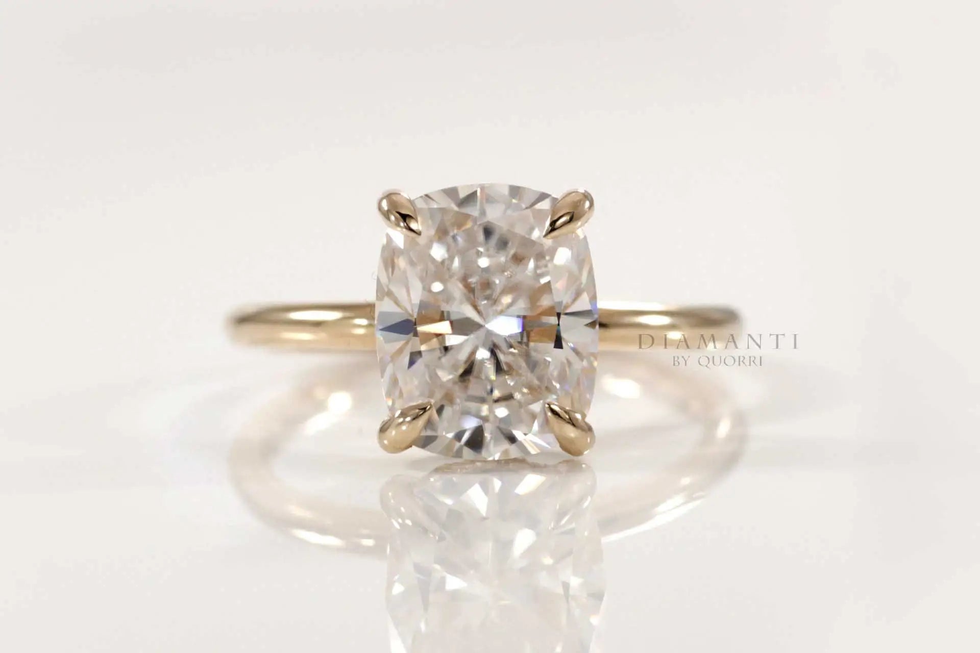 3.5 carat 18k yellow gold claw prong under-halo elongated cushion lab diamond engagement ring Quorri 