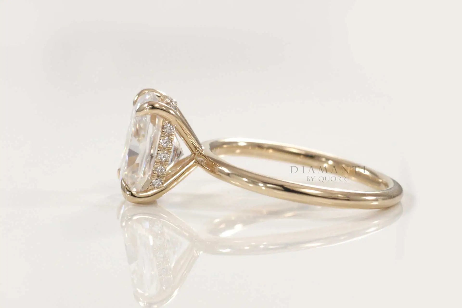 rose gold claw prong under-halo elongated cushion lab grown diamond engagement ring Quorri 