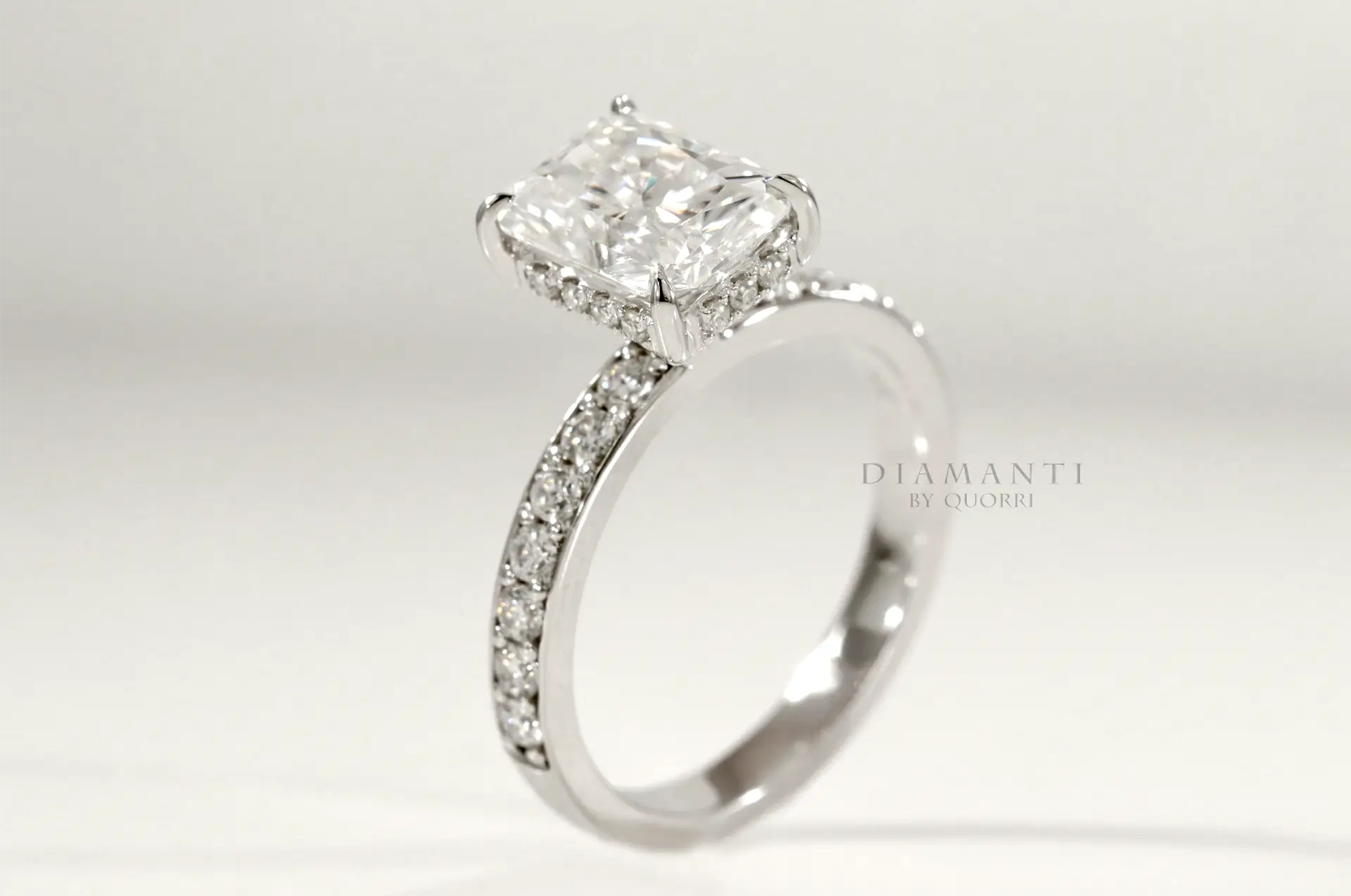 accented claw prong under-halo 2.5 carat radiant lab grown diamond engagement ring Quorri