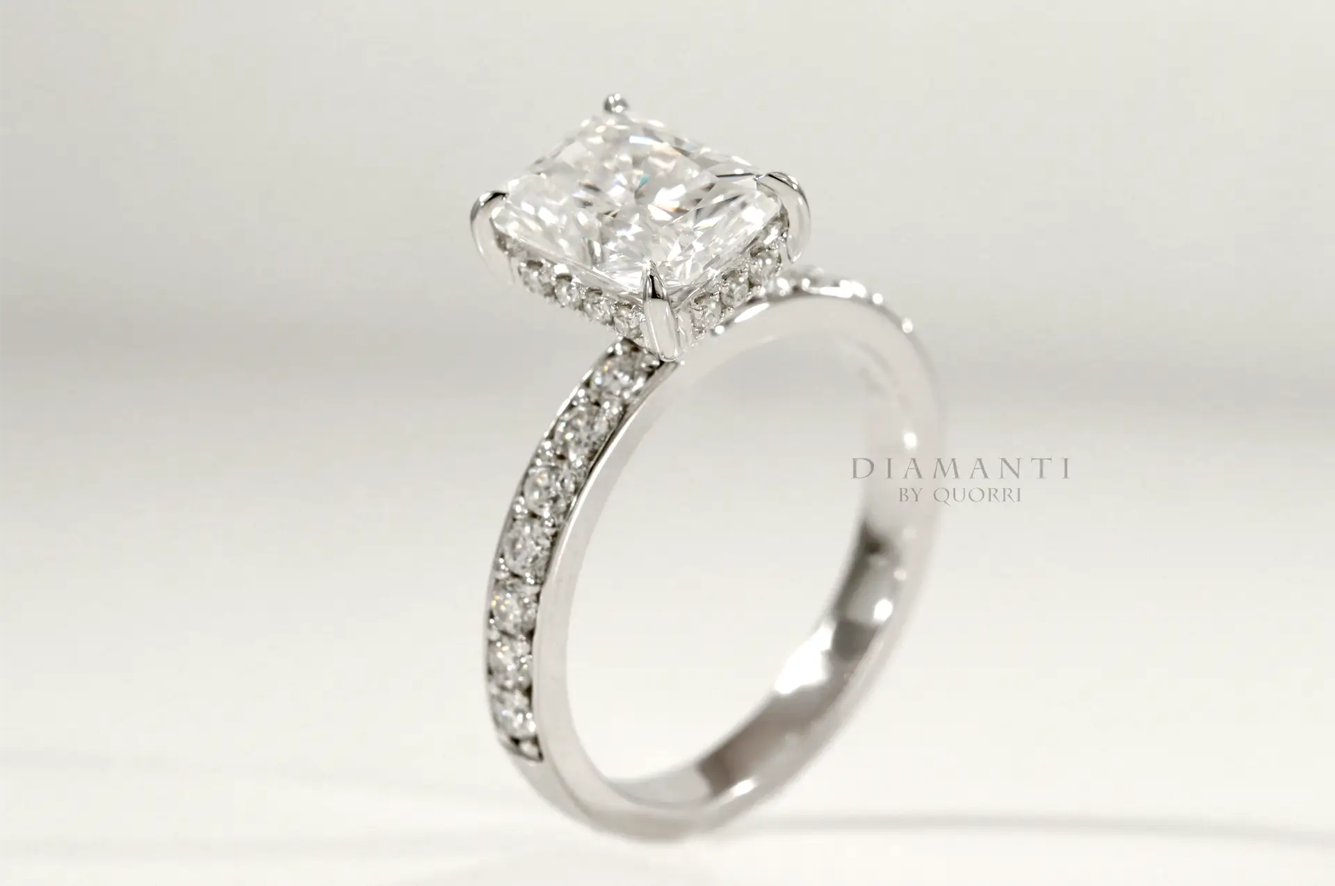 accented claw prong under-halo radiant lab diamond engagement ring Quorri