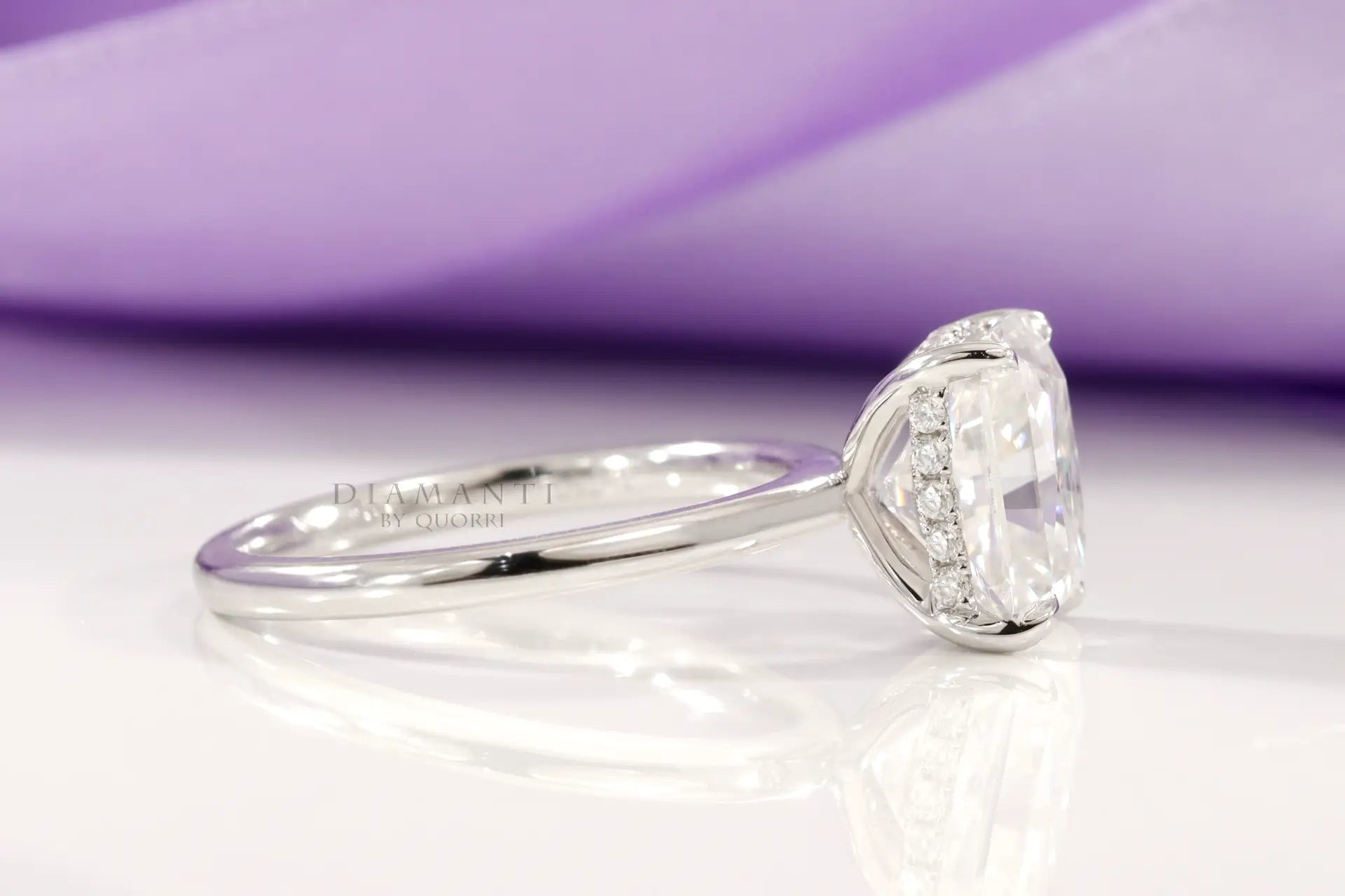 white gold 2.5ct radiant cut under-halo lab grown diamond engagement ring