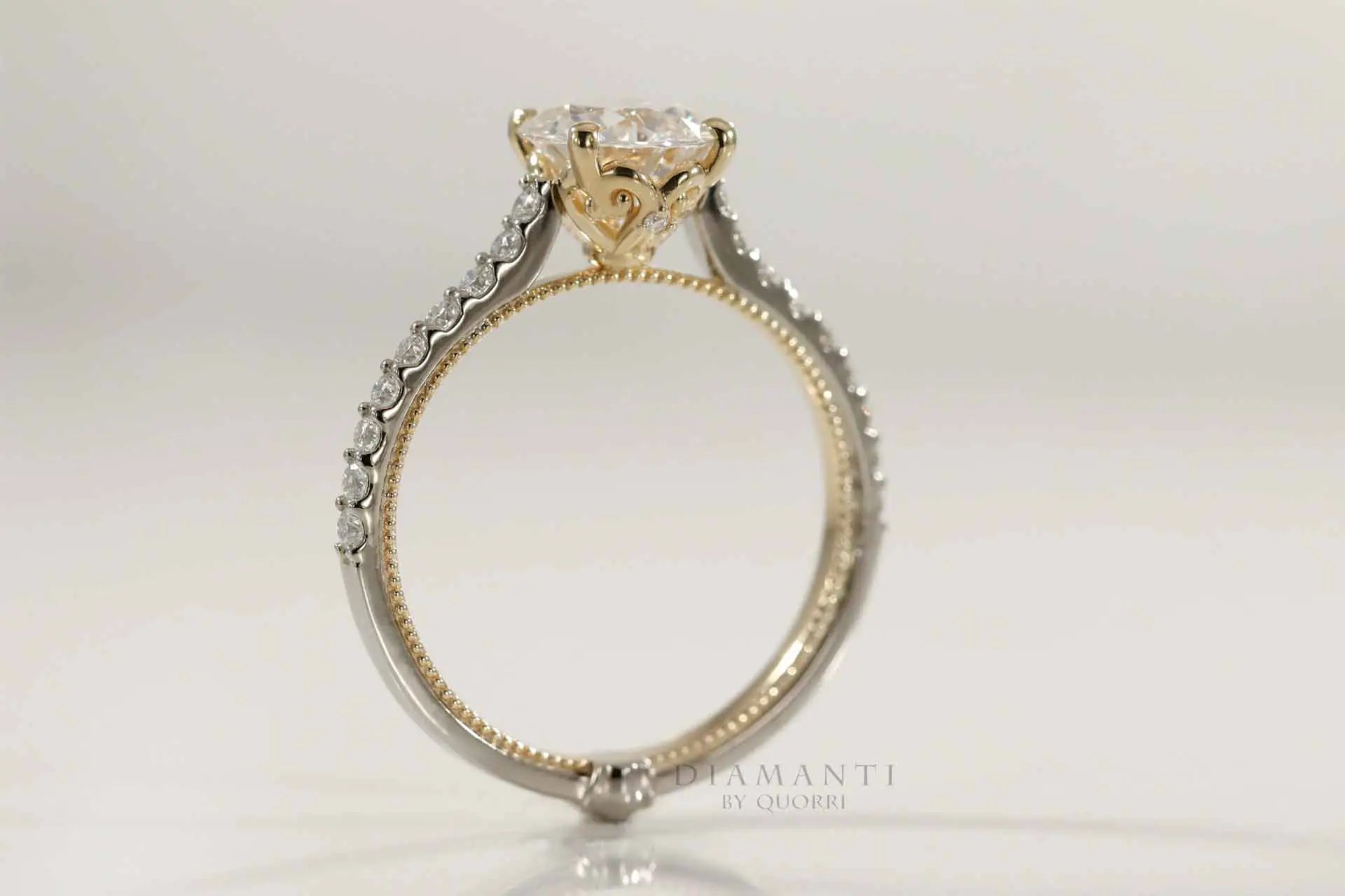 two-tone white and yellow gold vintage accented round lab diamond engagement ring Quorri