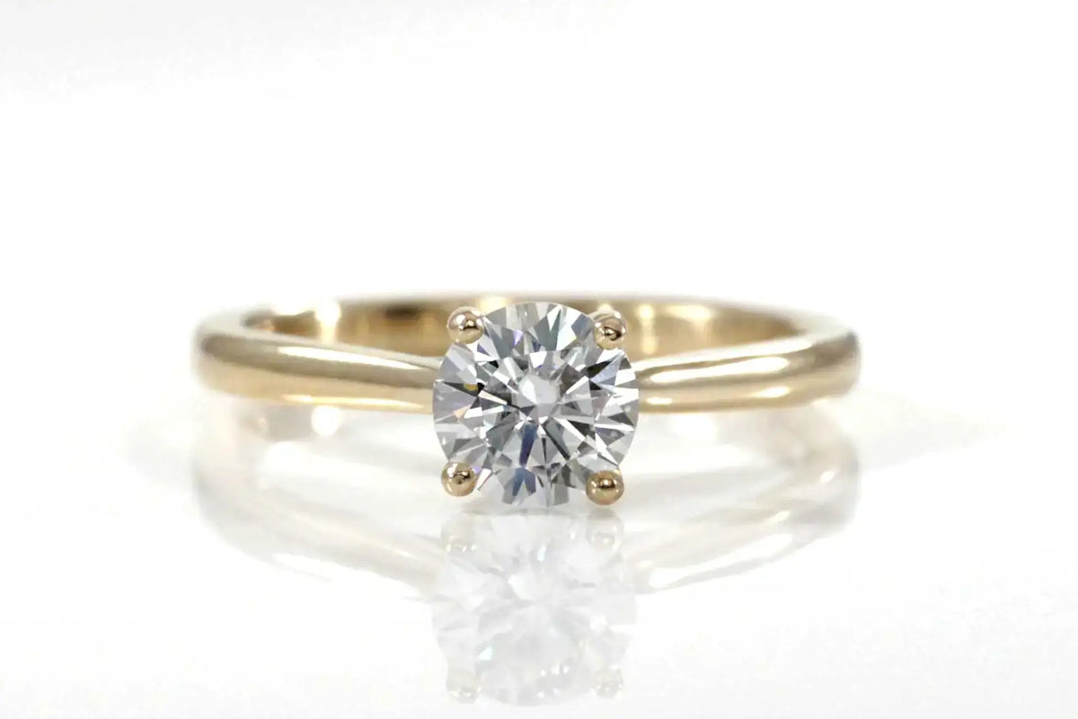 affordable petite 14k yellow gold 1 carat round lab diamond engagement ring Quorri