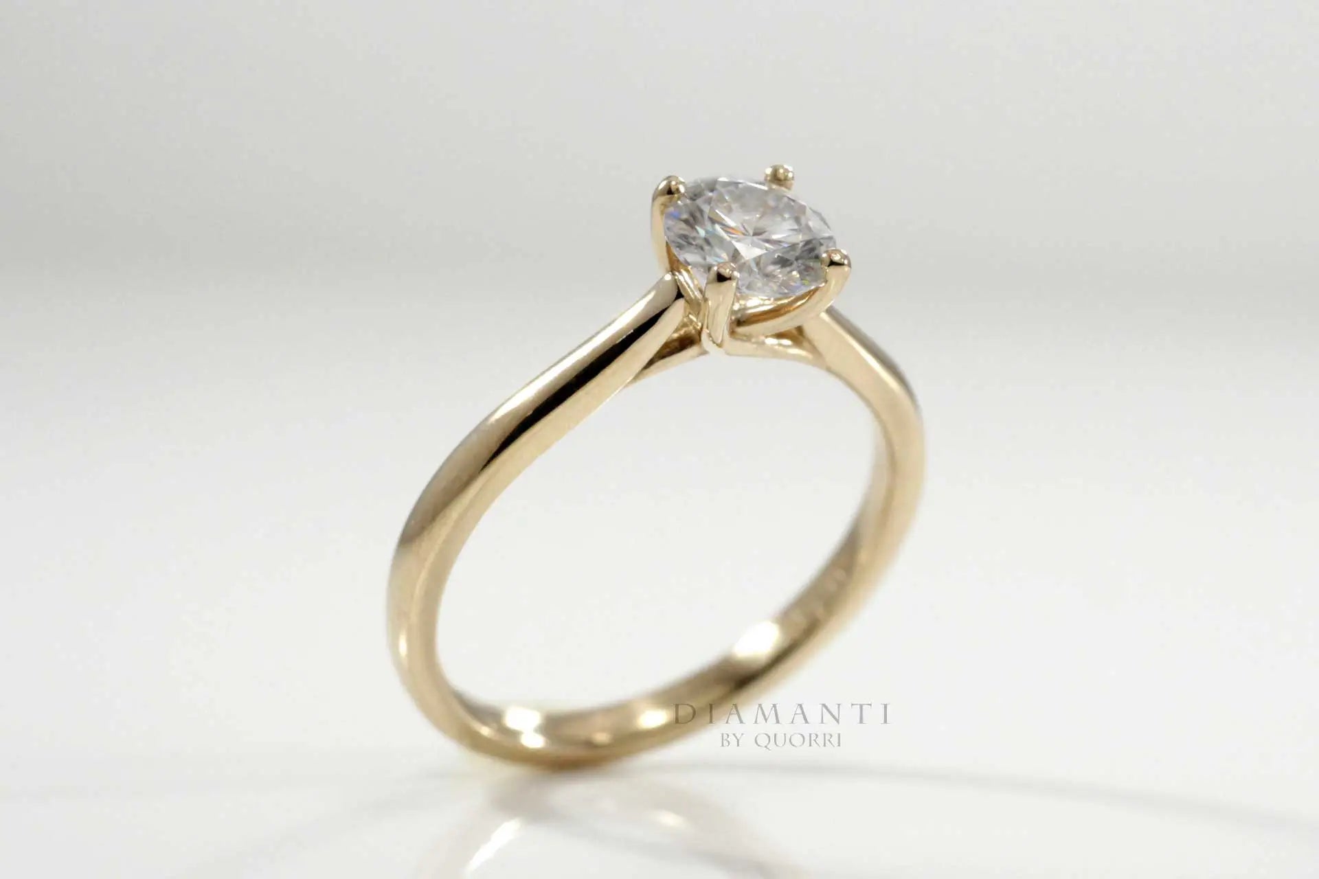 affordable petite 18k yellow gold .75 carat round lab diamond engagement ring Quorri Canada