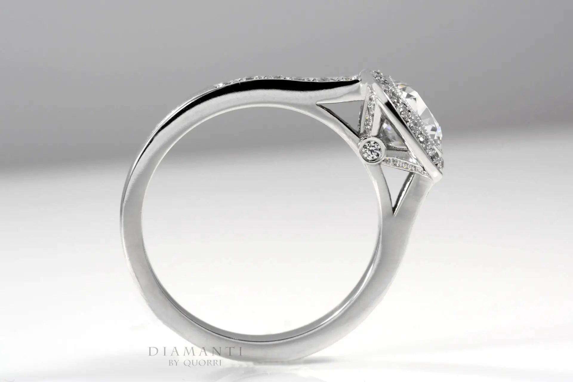 designer 18k white gold bezel set 2 carat cushion lab grown diamond engagement ring Quorri Canada